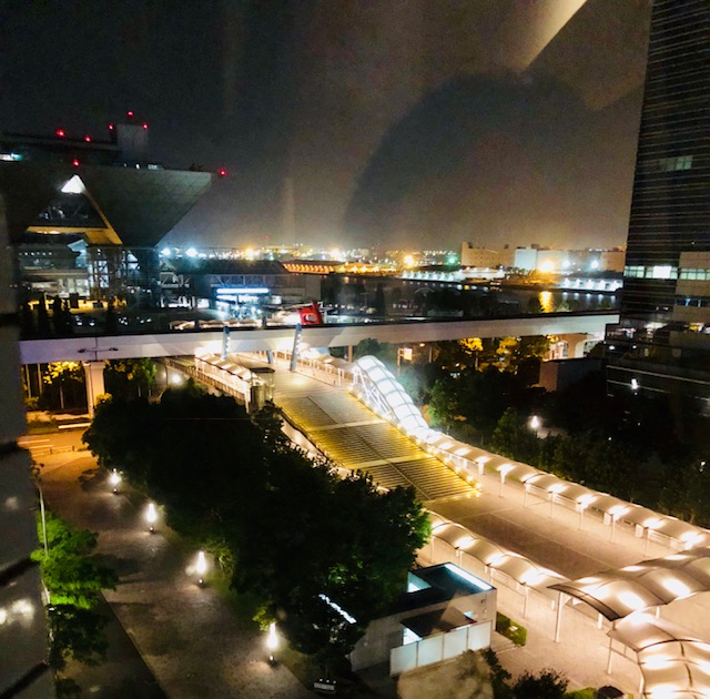 夜景のビッグサイトとライトアップされた歩道橋